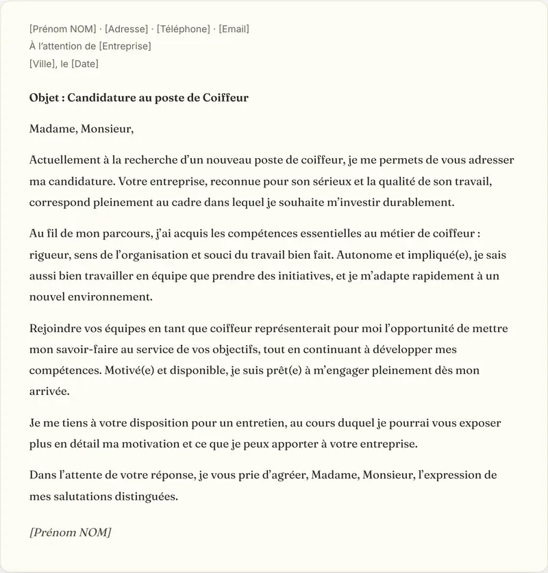 Exemple de lettre de motivation coiffeur