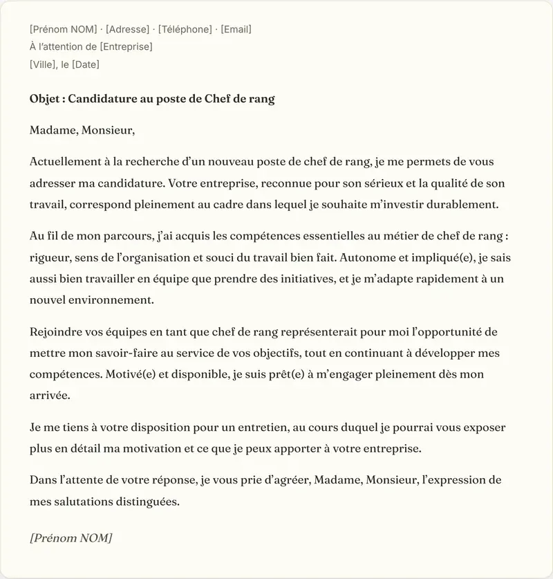 Exemple de lettre de motivation chef de rang